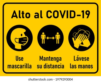 Corona Warning Icon Set in Spanish, Alto al Covid-19 (Stop Covid-19), Use mascarilla (Wear a Mask), Mantenga su distancia (Keep Your Distance), Lavese las manos (Wash Your Hands). Vector Image.