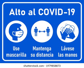 Corona Warning Icon Set in Spanish Alto al Covid-19 (Stop Covid-19), Use mascarilla (Wear a Mask), Mantenga su distancia (Keep Your Distance), Lavese las manos (Wash Your Hands). Vector Image.