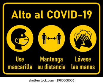 Icono de advertencia de Corona establecido en español, Alto al Covid-19 (Alto Covid-19), Usa mascarilla (Usa una máscara), Mantenga de relajación (mantén tu distancia), Lavese las manos. Imagen vectorial.