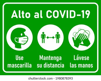 Corona Warning Icon Set in Spanish, Alto al Covid-19 (Stop Covid-19), Use mascarilla (Wear a Mask), Mantenga su distancia (Keep Your Distance), Lavese las manos (Wash Your Hands). Vector Image.