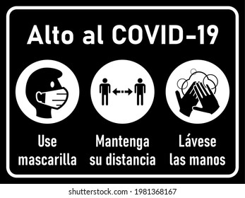 Corona Warning Icon Set in Spanish, Alto al Covid-19 (Stop Covid-19), Use mascarilla (Wear a Mask), Mantenga su distancia (Keep Your Distance), Lavese las manos (Wash Your Hands). Vector Image.