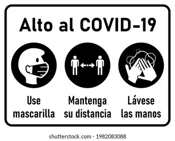 Corona Warning Icon Set in Spanish, Alto al Covid-19 (Stop Covid-19), Use mascarilla (Wear a Mask), Mantenga su distancia (Keep Your Distance), Lavese las manos (Wash Your Hands). Vector Image.