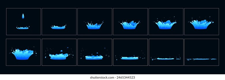 Corona water splash sprite sheet. Cartoon fluid dynamic splashing storyboard, droplets and ripples in motion. Vector VFX sequence frame of liquid crown aqua splatters for animation and visual effects