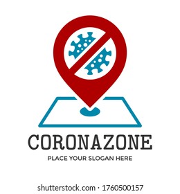 Corona zone vector logo template. This design use map and pin symbol. Suitable for medical environment.