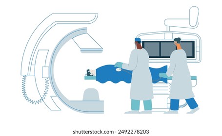 Coronary Angiography Procedure. Medical Equipment. Doctor and Nurse Perform Cardiac Catheterization on Patient in Laboratory. Modern Flat Vector Illustration. Landing Page Design Template. 