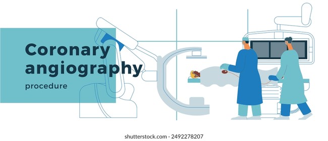 Coronary Angiography Procedure. Medical Equipment. Doctor and Nurse Perform Cardiac Catheterization on Patient in Laboratory. Modern Flat Vector Illustration. Landing Page Design Template. 