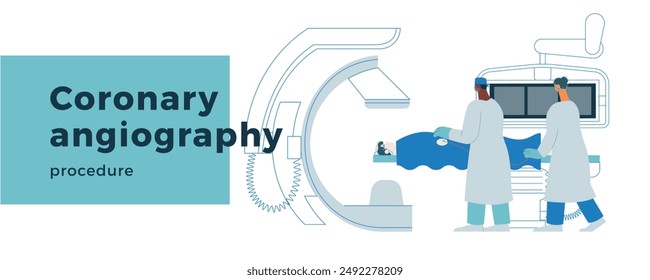 Coronary Angiography Procedure. Medical Equipment. Doctor and Nurse Perform Cardiac Catheterization on Patient in Laboratory. Modern Flat Vector Illustration. Landing Page Design Template. 