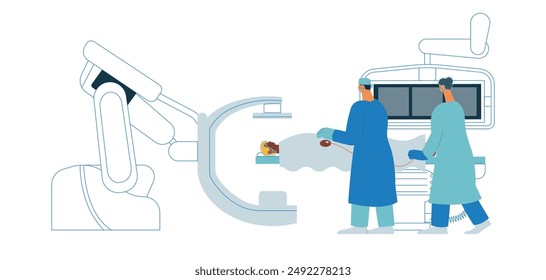 Coronary Angiography Procedure. Medical Equipment. Doctor and Nurse Perform Cardiac Catheterization on Patient in Laboratory. Modern Flat Vector Illustration. Landing Page Design Template. 