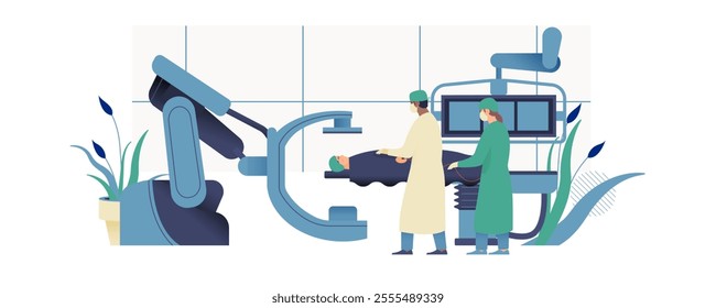 Coronary Angiography Procedure. Medical Equipment. Doctor and Nurse Perform Cardiac Catheterization on Patient in Laboratory. Modern Flat Vector Illustration.