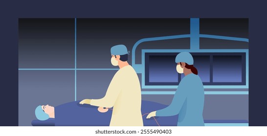 Coronary Angiography Procedure. Medical Equipment. Doctor and Nurse Perform Cardiac Catheterization on Patient in Laboratory on Dark Background. Modern Flat Vector Illustration.