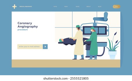 Coronary Angiography Procedure. Medical Equipment. Doctor and Nurse Perform Cardiac Catheterization on Patient in Laboratory. Modern Flat Vector Illustration. Landing Page Design Template. 