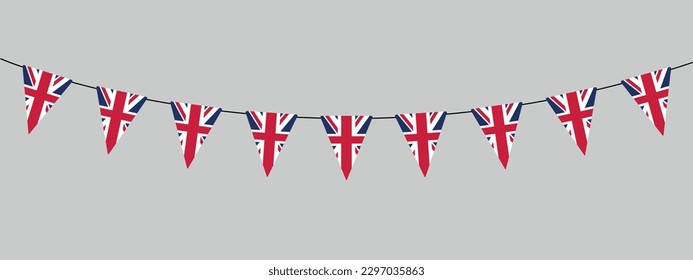 Coronation, bunting garland with british pennants, string of triangular flags, vector decorative element