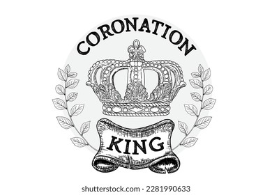 Coronation crown for king or queen. Symbolic religious ceremony while sovereign is crowned to monarch's head with crown. Monarch is the head of the Church of England with title and powers.