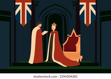 Coronation day illustration, silhouettes of people, coronation of the king, flag of England, vector