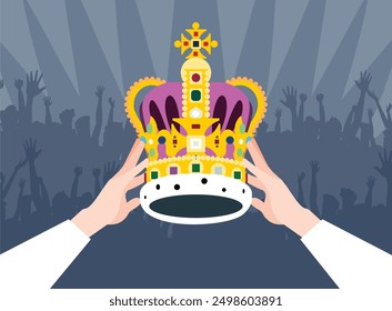 Coronation of the king. Illustration showing hands holding a crown.