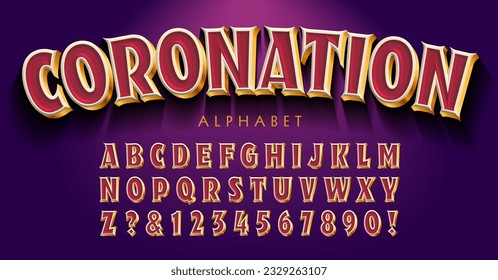 Coronation is a layered 3d effect alphabet with highlights and gold metallic effects. Lettering style is reminiscent of royal decoration, ornament, and color scheme.