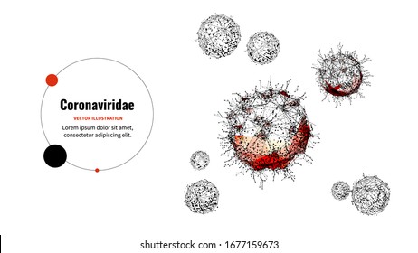 Coronaviridae. The COVID-19 Virus Looks Like Under The Microscope. 19-nCov. Abstract low poly wireframe vector illustration. Polygonal medicine art. Pandemic or epidemic concept. Isolated on white.