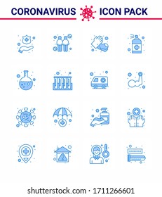 CORONAVIRUS 16 Blue Icon set on the theme of Corona epidemic contains icons such as flask; soap; hands; handcare; bottle viral coronavirus 2019-nov disease Vector Design Elements