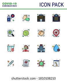 CORONAVIRUS 16 Flat Color Filled Line Icon set on the theme of Corona epidemic contains icons such as corona; nursing; building; medical; healthcare viral coronavirus 2019-nov disease Vector Design