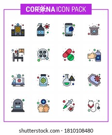 CORONAVIRUS 16 Flat Color Filled Line Icon set on the theme of Corona epidemic contains icons such as medical; bed; medical; medical; emergency viral coronavirus 2019-nov disease Vector Design Element