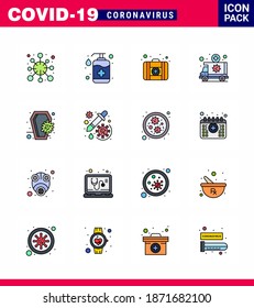 CORONAVIRUS 16 Flat Color Filled Line Icon set on the theme of Corona epidemic contains icons such as vehicle; medical; soap; emergency; medicine viral coronavirus 2019-nov disease Vector Design 
