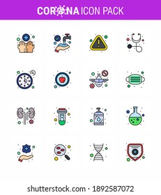 CORONAVIRUS 16 Flat Color Filled Line Icon set on the theme of Corona epidemic contains icons such as time; clock; error; stethoscope; diagnosis viral coronavirus 2019-nov disease Vector Design 