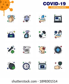 CORONAVIRUS 16 Flat Color Filled Line Icon set on the theme of Corona epidemic contains icons such as box; question; virus; online; washing viral coronavirus 2019-nov disease Vector Design Elements