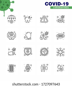 CORONAVIRUS 16 Line Icon set en el tema de la epidemia de Corona contiene íconos como el escudo; médico; advertencia; virus; enfermedad coronavirus viral protectora 2019-nov Elementos de diseño de vectores