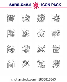 CORONAVIRUS 16 Line Icon set sobre el tema de la epidemia de Corona contiene íconos como el pomo de la puerta; vida; coronavirus; covid; virus de la coronavirus viral 2019-nov Enfermedad Vector Elementos de diseño