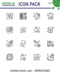 CORONAVIRUS 16 Line Icon set on the theme of Corona epidemic contains icons such as pills; drugs; safety; airoplan; banned viral coronavirus 2019-nov disease Vector Design Elements