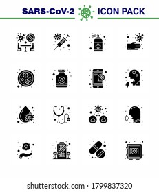 CORONAVIRUS 16 Solid Glyph Black Icon set on the theme of Corona epidemic contains icons such as bacteria; hands; spray; dirty; soap viral coronavirus 2019-nov disease Vector Design Elements
