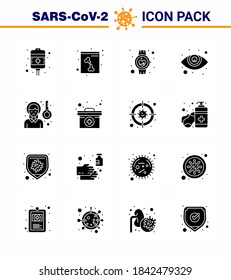 CORONAVIRUS 16 Solid Glyph Black Icon set on the theme of Corona epidemic contains icons such as pain; head; healthcare; ophthalmology; eye care viral coronavirus 2019-nov disease Vector Design