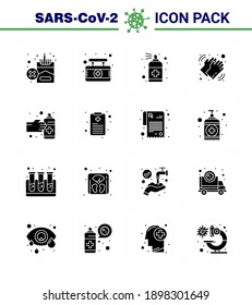CORONAVIRUS 16 Solid Glyph Black Icon set on the theme of Corona epidemic contains icons such as care; washing; spray; medical; soap viral coronavirus 2019-nov disease Vector Design Elements