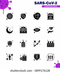 CORONAVIRUS 16 Solid Glyph Black Icon set on the theme of Corona epidemic contains icons such as sleep; moon; doctor on call; banned; shop viral coronavirus 2019-nov disease Vector Design Elements