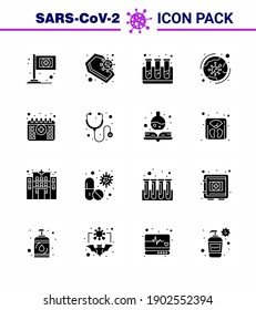 CORONAVIRUS 16 Solid Glyph Black Icon set on the theme of Corona epidemic contains icons such as calendar; infection; blood; covid; virus viral coronavirus 2019-nov disease Vector Design Elements