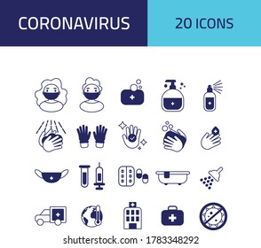 Coronavirus 20 Icons Set : Woman and Man with Mask, Sanitizer, Gloves, Soap, Shower, Medication, Hospital, Ambulance