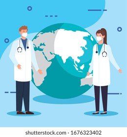 coronavirus 2019 with couple doctor and world planet vector illustration design