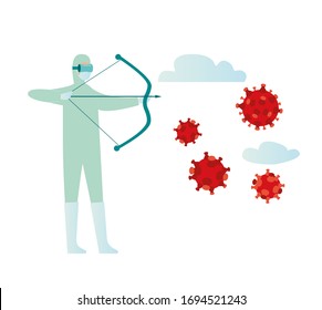 Coronavirus 2019 Flash nC0V, virus protection, vector illustration, pandemic health risk, defeat the virus, archer aims at the target