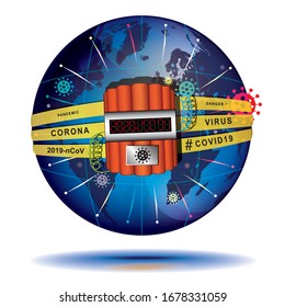 Coronavirus 2019 - Harbinger of the End of the Time. Conceptual vector illustration. Globe wrapped by explosives with a electronic timer with COVID-19 signs and labels on it. Doomsday already begun.