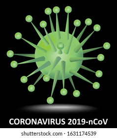 Coronavirus 2019 nCoV, illustration of dangerous unknown virus in China Wuhan, 3d green coronavirus isolated on black background, vector illustration