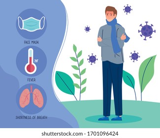 coronavirus 2019 ncov infographic and man with fever and icons vector illustration design