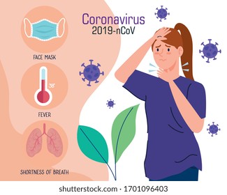coronavirus 2019 ncov infographic and woman with sore throat and icons vector illustration design