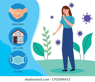 coronavirus 2019 ncov infographic and woman with coughing and icons vector illustration design