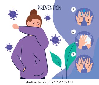 coronavirus 2019 ncov infographic with woman sick and wash hands frequently campaign vector illustration design