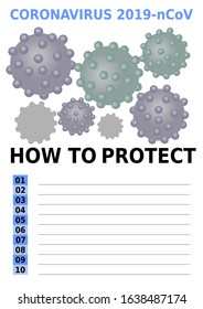 Coronavirus 2019 nCoV leaflet how to protect, ten steps for prevention, advice for protection template, stylized coronavirus in green and purple, vector design