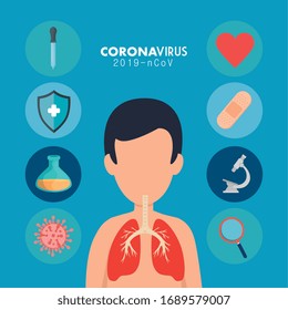 coronavirus 2019 ncov poster with avatar and medical icons vector illustration design