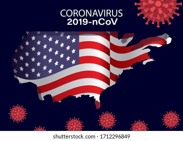 Coronavirus 2019 nCov and usa flag map design of Covid 19 virus cov infection corona epidemic disease symptoms and medical theme Vector illustration