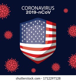 Coronavirus 2019 nCov and usa flag shield design of Covid 19 virus cov infection corona epidemic disease symptoms and medical theme Vector illustration