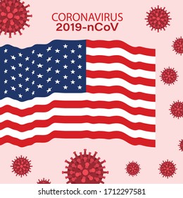 Coronavirus 2019 nCov and usa flag design of Covid 19 virus cov infection corona epidemic disease symptoms and medical theme Vector illustration