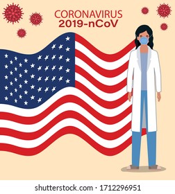 Coronavirus 2019 nCov woman doctor with mask uniform and usa flag design of Covid 19 virus cov disease symptoms and medical theme Vector illustration